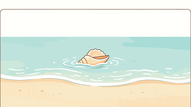 A whimsical illustration of a large conch shell floating in calm turquoise ocean waves near a sandy beach