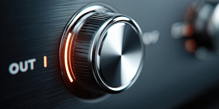 Close up of a metallic control knob with an illuminated indicator light