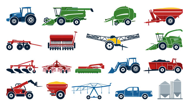 Agricultural Farm Machinery Flat Vector Icon Set - Tractors, Combines, Harvesters, Implements