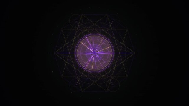 Glowing concentric circles radiate from a central point within a golden geometric hexagram structure against a dark background.