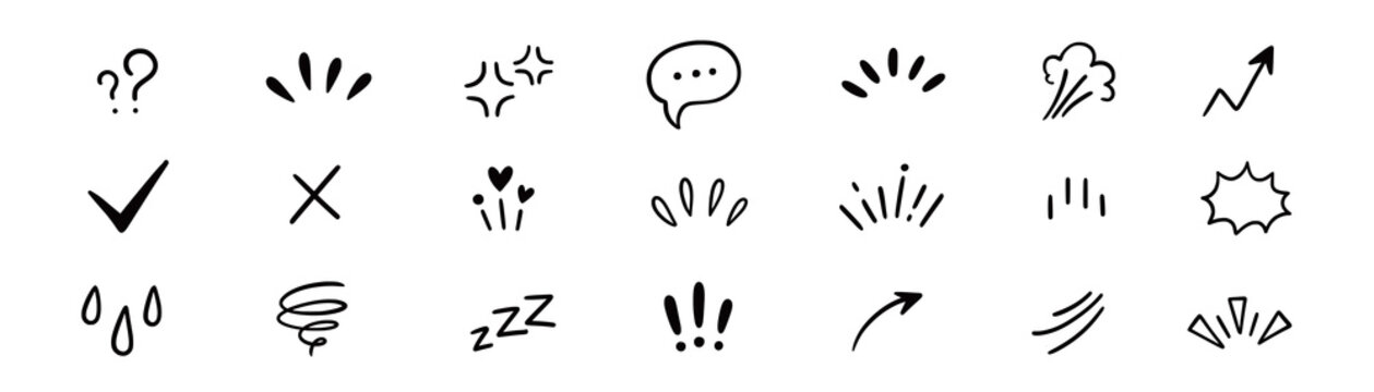 Effect comic line icon set. Hand drawn comic effect line with heart star arrow sketch mark movement. Angry manga question scribble emoji emotion sparkle emphasis doodle. Vector illustration