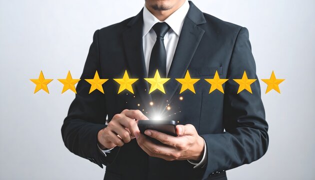 Businessman holding smartphone displaying glowing star icons for customer rating and service satisfaction review.