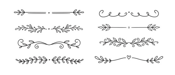 Naklejka na ściany i meble Line floral ornament leaf set. Hand drawn line floral ornament border vine doodle flower frame decor. Laurel olive divider flourish wreath botanical wedding garden vintage. Vector illustration