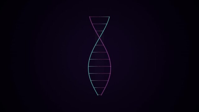 Stylized dna molecule illustration with glowing blue and purple lines against a dark background representing genetic code structure