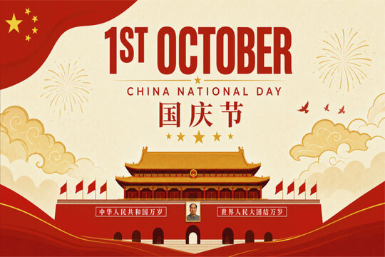 Elegant China National Day banner featuring Tiananmen Gate, Chinese flag, festive fireworks, and traditional clouds. Perfect for patriotic celebrations, greeting cards, posters, social media, and even