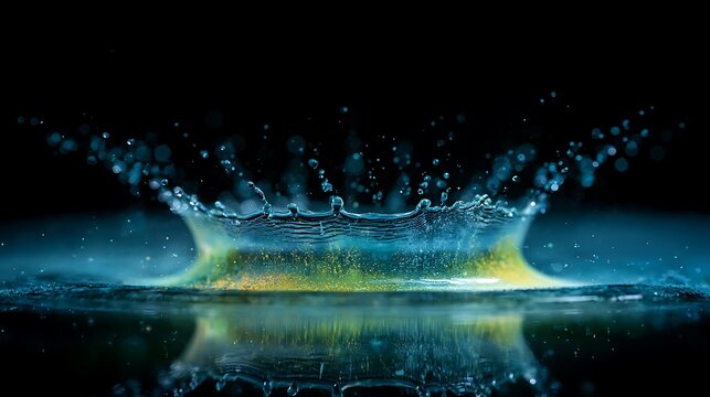 A vibrant blue and yellow water splash crown creates a ripple effect against a dark background. Symbolizes energy.