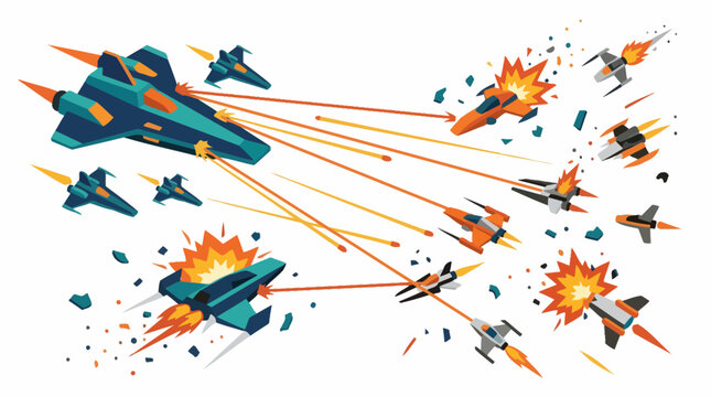 Squadron of starfighters engaging in high-speed space dogfight.