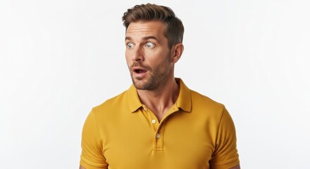 Fototapeta premium Surprised young man in yellow polo shirt looking away with shocked expression on white background