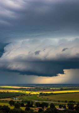 A dramatic sky dominates the image, featuring a massive cumulonimbus cloud formation. The cloud is dark and imposing, partially obscuring the sun and casting a shadow over a rolling landscape below.