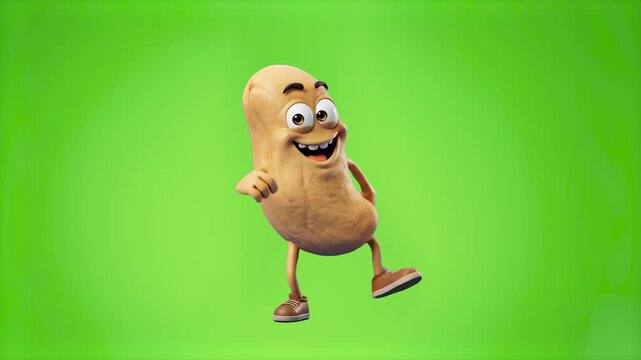 A cheerful 3D animated peanut character with small limbs performs a fun dance step on a bright green chroma key background. This asset is perfect for food commercials, snack branding, and playful mark