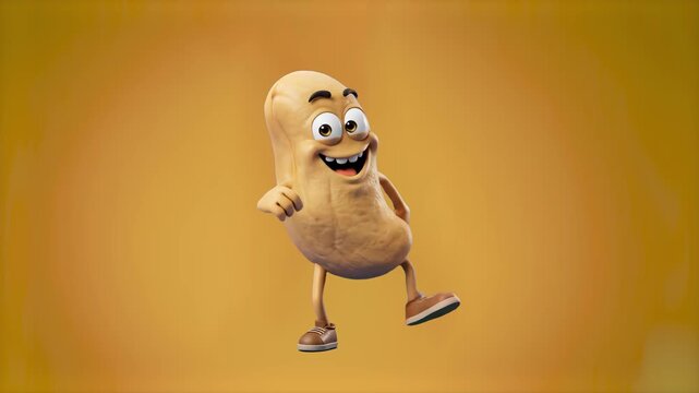 A goofy 3D rendered peanut character dancing enthusiastically against a warm yellow-brown backdrop. Suitable for snack advertisements, food commercials, organic nut packaging, and playful social media