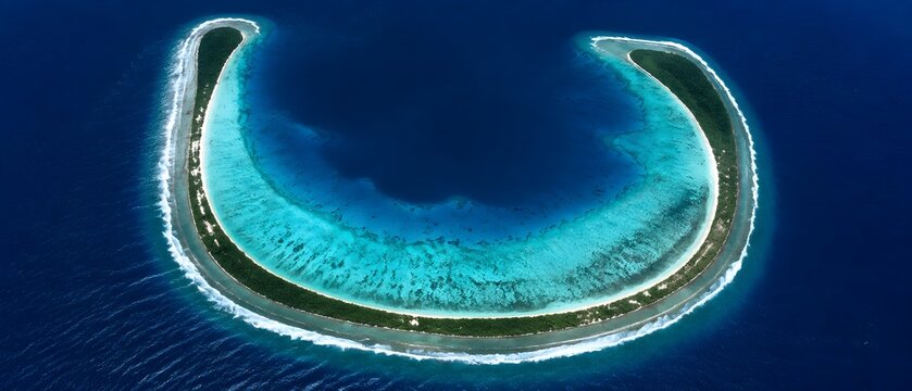 Perfect Horseshoe Tropical Atoll Encloses a Glowing Lagoon Surrounded by Deep Blue Ocean Waters Beautifully