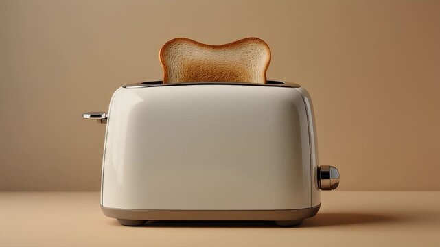 A slice of golden toasted bread emerging from a classic white kitchen toaster, ready for breakfast or a snack