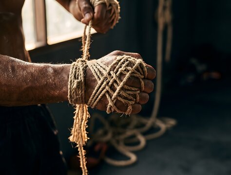 Extreme close-up of a Muay Thai fighter's hands being wrapped with traditional raw hemp rope, kard chuek style, intricate criss-cross pattern across knuckles and between fingers.