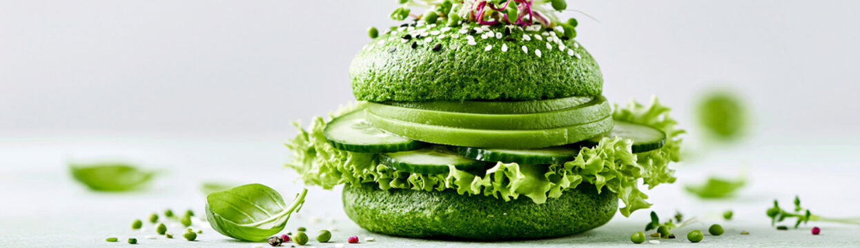 A vibrant green vegan burger made with fresh lettuce, cucumber slices, and garnished with microgreens on a green bun.