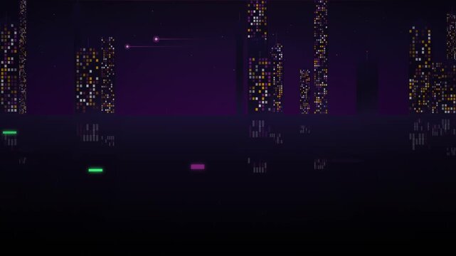Glowing digital towers rise against a deep purple gradient background with scattered light particles.
