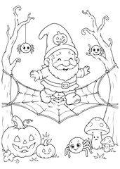Naklejka premium Coloring Page Book Excited Halloween Gnome Swinging on a Giant Spider Web in a Spooky Forest