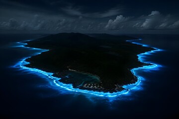 Obraz premium Bioluminescent Surf Outlines A Remote Island Shoreline With Glowing Blue Light In Total Ocean Darkness