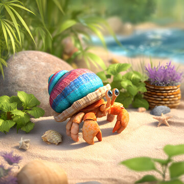 Cheerful hermit crab proudly carries vibrant striped shell across warm tropical sand