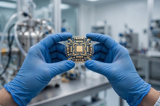 Scientist holding advanced quantum computer chip in blue gloves in laboratory 