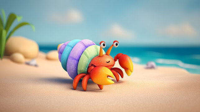 Happy hermit crab with colorful striped shell on tropical beach background