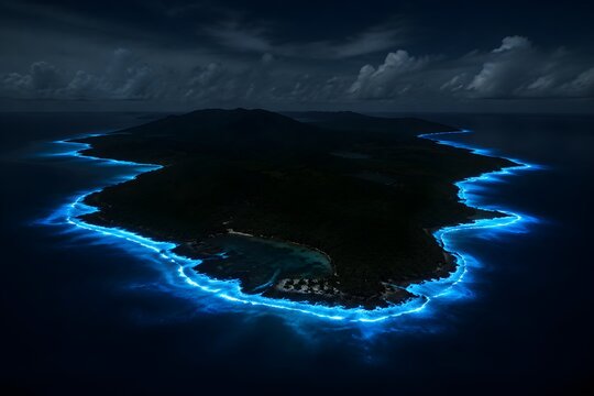 Bioluminescent Surf Outlines A Remote Island Shoreline With Glowing Blue Light In Total Ocean Darkness