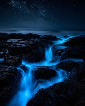 Glowing Blue Seafoam Fills Coastal Rock Crevices Like Liquid Neon Beneath a Starry Night Sky