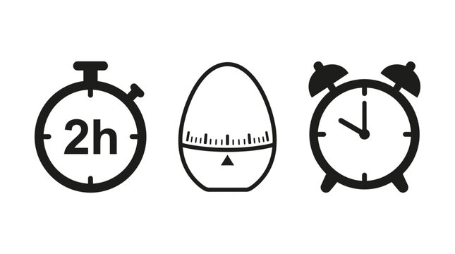 Stopwatch timer, egg timer and alarm clock icon in black silhouette for time management design
