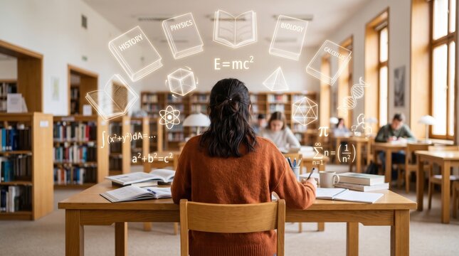 Female student studying in library with holographic educational icons, physics biology history calculus formulas, science, learning environment, academic research