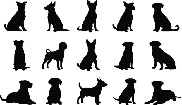 Dog Silhouettes Set Various Poses Black