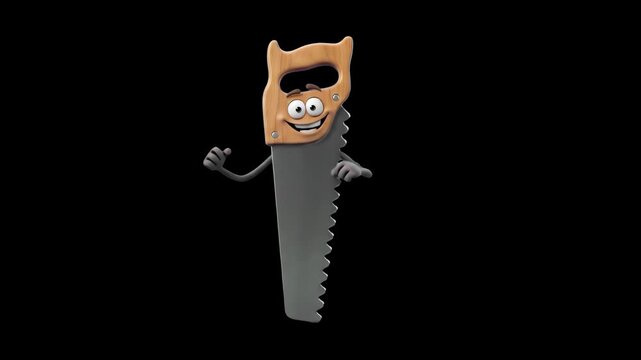 A cheerful 3D cartoon hand saw character with a wooden handle and smiling face, dancing isolated on a solid dark backdrop. Ideal for construction promos, DIY tutorials, tool hardware branding, and hig