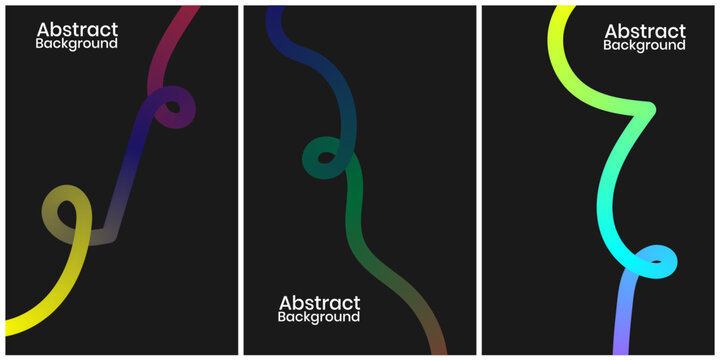 Set of three abstract vertical posters featuring colorful glowing neon wavy lines on a dark black background