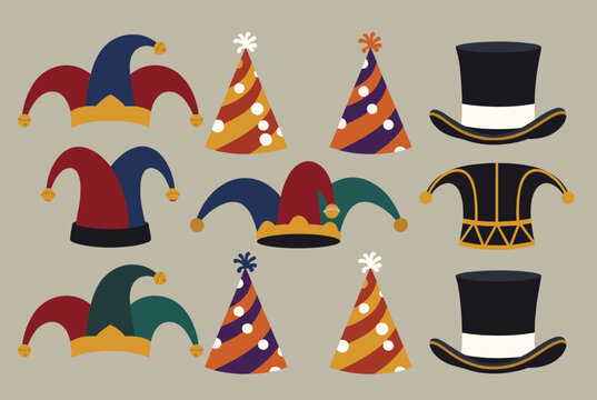 Colorful collection of festival jester hats, party cones, and magician top hats depicted in a clean flat illustration style.