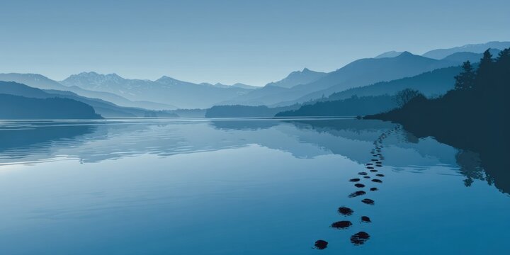 Tranquil blue lake landscape with mountains reflecting in water footsteps symbol