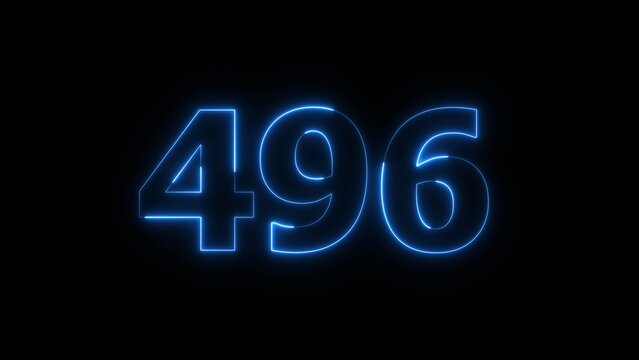 Abstract Glowing Blue Neon Number 496 on Black Background 4k Illustration.