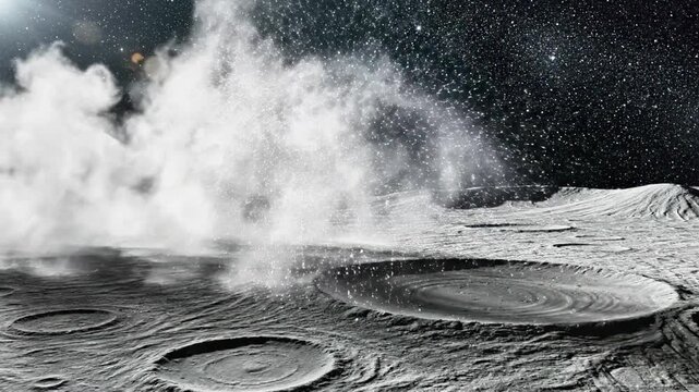 Barren lunar surface with craters and dust cloud