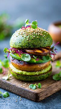 A vibrant green veggie burger with a sesame seed bun, microgreens, avocado slices, and grilled mushrooms on a wooden board.