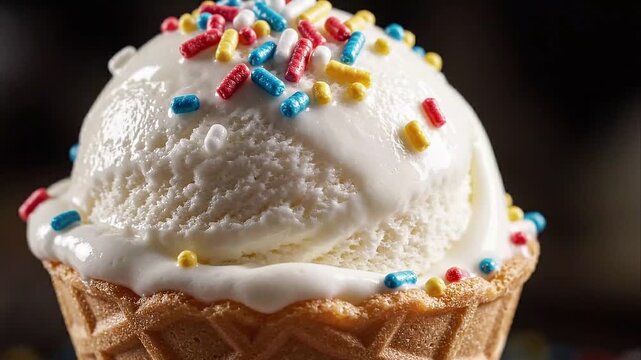Colorful Sprinkles Falling on Vanilla Soft Serve Ice Cream in a Waffle Cup