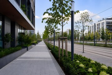 Fototapeta premium Quiet Sidewalk Runs Beside a Landscaped Tram Corridor in a Clean Modern Urban Environment Scene