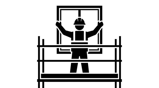 Black and white icon of a construction worker installing a window frame on scaffolding at a building site