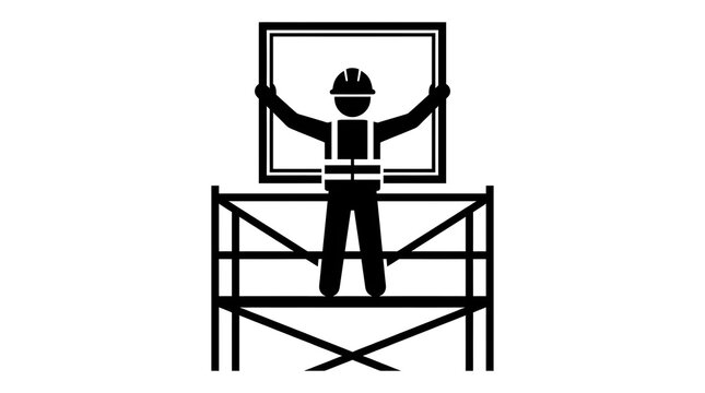 Black and white icon of a construction worker installing a window while standing on metal scaffolding