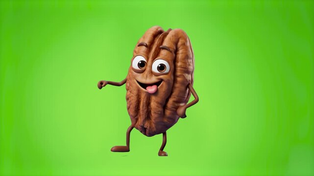 A cheerful 3D cartoon pecan nut mascot dancing playfully with a fun facial expression on a bright chroma key green screen background. Perfect for easy keying into food commercials, healthy snack ads, 