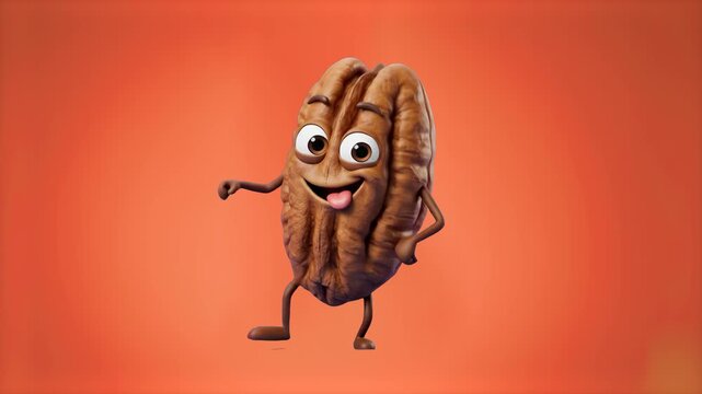 A friendly 3D cartoon pecan nut character with a goofy smile and tongue out is dancing on a warm orange studio backdrop. Ideal for healthy snack promotions, food packaging, organic food branding, and 