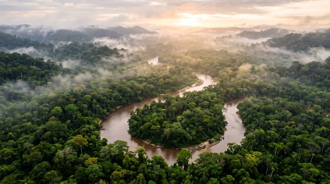 Aerial View of a Meandering River Flowing Through a Mist Covered Tropical Rain Forest at Sunrise