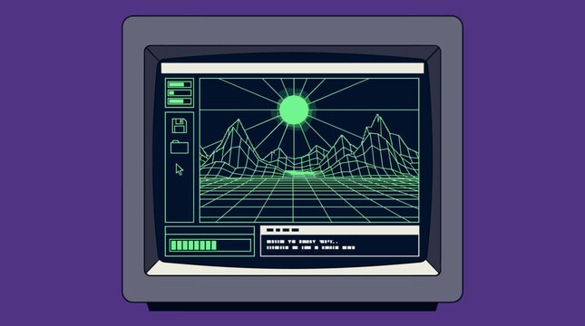 Retro Computer Monitor Displaying Wireframe Landscape with Sun and Loading Bar, Vintage Technology Vector Illustration