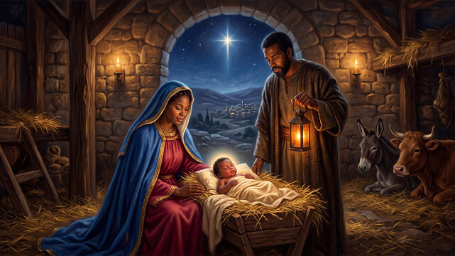 Black Holy Family nativity scene in a rustic stable with baby Jesus in a manger, Mary and Joseph beside him, warm lantern light, farm animals, and a star shining over Jerusalem.