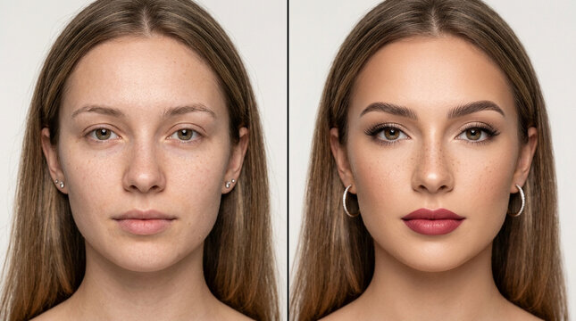 Before and After Makeup: Woman's Transformation with Cosmetics