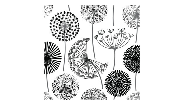Black and white dandelion seamless pattern monochrome floral background silhouette wildflower botanical texture vector illustration