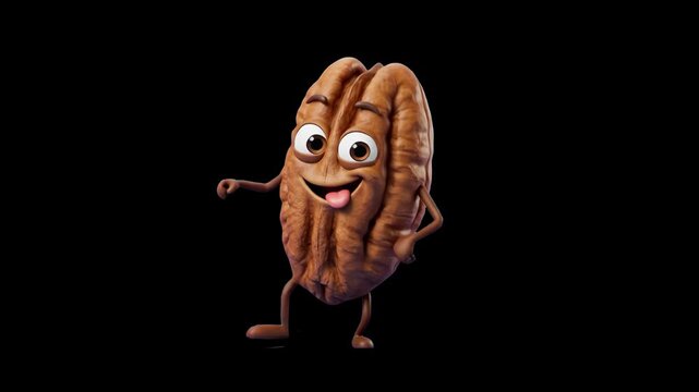 A happy 3D cartoon pecan nut character sticking out its tongue and dancing cheerfully against a dark backdrop. Ideal for nut brand promotions, organic snack commercials, bakery food ads, and high-cont