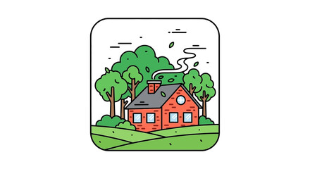 Fototapeta premium Cozy Brick House Surrounded by Lush Green Trees and Rolling Hills